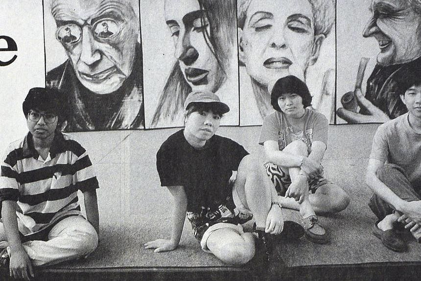 Suzann Victor as a child, with fellow Lasalle student Daniel Wong standing in front of their paintings exhibited at the National Museum Art Gallery in 1989, and Victor (above, second from left) with friends (from far left) Susie Lingham, Han Ling and