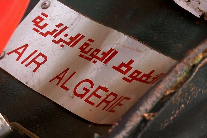 This image grab made from a handout video filmed and released by the French Etat-Major des Armees (EMA) / Armee de Terre on July 25, 2014 shows an Air Algerie sign on a piece od debris at the crash site of the Air Algerie flight AH5017 in Mali's Goss
