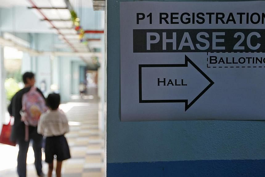 A sign directing parents to the primary one registration phase 2C. Ninety-one primary schools, including Temasek Primary, Mee Toh School and Nan Chiau Primary, were oversubscribed when the most competitive portion of the annual Primary 1 registration