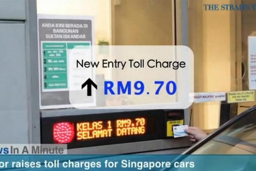 In today's The Straits Times News In A Minute video, we look at Singapore cars paying RM16.50 for a round trip to Johor, up from the previous RM2.90, among other issues.&nbsp;-- PHOTO: SCREENGRAB FROM VIDEO