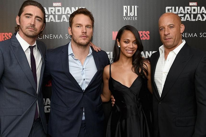 (From left) Actors Lee Pace, Chris Pratt, Zoe Saldana and Vin Diesel attend The Cinema Society with Men's Fitness and FIJI Water special screening of Marvel's Guardians Of The Galaxy at Crosby Street Hotel on July 29, 2014 in New York City. -- PHOTO: