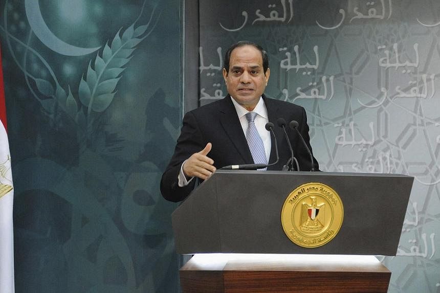 Egyptian President Abdel Fattah al-Sisi delivers a speech at Al-azhar Conference Centre during Lailat al-Qadr celebrations in Cairo, in this July 24, 2014 handout courtesy of the Egyptian Presidency.&nbsp;Egypt's President said on Saturday, Aug 2, 20