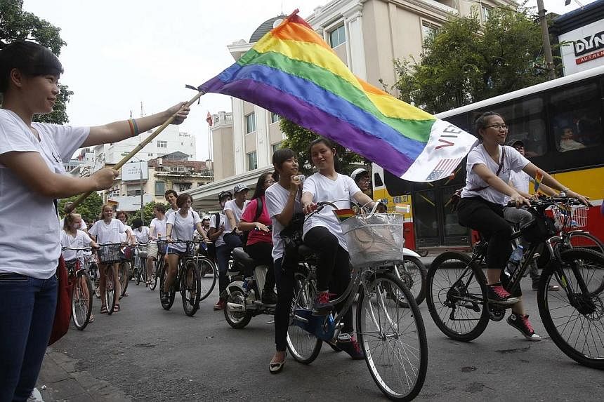 A supporter waves a rainbow flag of the LGBT (lesbian, gay, bisexual, and transgender) community as participants pass by during a gay pride parade on a street in Hanoi August 3, 2014.&nbsp;Around 300 activists led a colourful parade through Hanoi on 