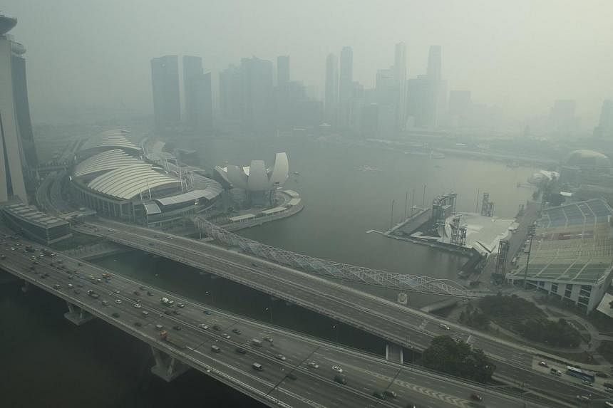 Marina Bayfront is shrouded in haze, as seen from the Singapore Flyer, as the PSI surpasses the healthy threshold of 100 on June 17, 2013.&nbsp;Penalties in the proposed Transboundary Haze Pollution Bill may not be large enough to deter big firms, an