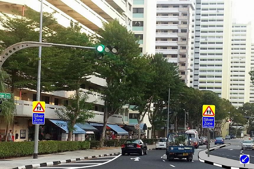 A photo illustration by the Ministry of Transport showing a road junction at Marine Crescent with road signs for "Silver Zone".&nbsp;New road features aimed at improving safety are being introduced in five residential estates, under a "Silver Zone" p