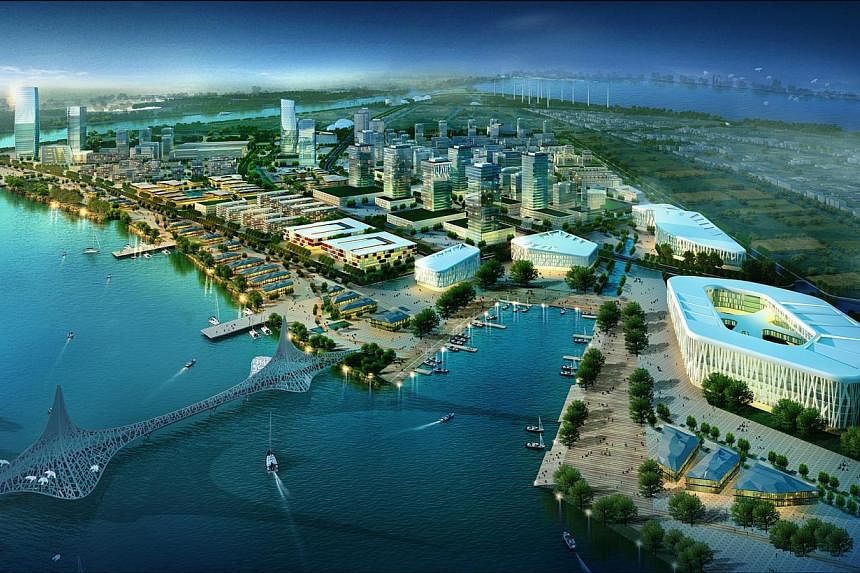 Sembcorp Industries' urban development business posted a 136 per cent increase in net profit to $24.3 million in the first six months of the year, as a result of contributions from the Nanjing Eco Hi-tech Island project in China (pictured). -- PHOTO: