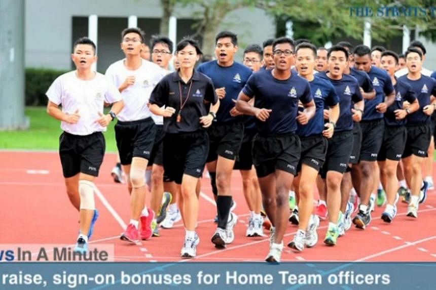 More than 18,000 Home Team officers will get a 5-12 per cent pay raise this month, and sign-on bonuses of $10,000-$30,000 to recognise their contributions to Singapore. -- SCREENGRAB FROM RAZORTV VIDEO