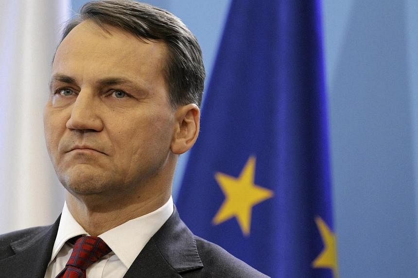 Polish foreign minister Radoslaw Sikorski looks on during a news conference after a government sitting in Warsaw in this February 25, 2014 file photo. He said on Tuesday that Russia hads gathered military forces at the border with Ukraine to either p