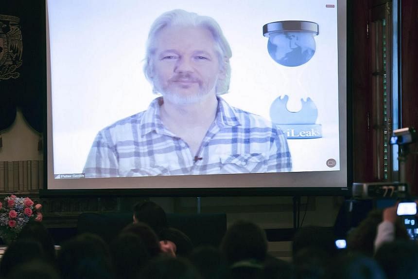 Anti-secrecy activist and Wikileaks co-founder Julian Assange speaks during a live video-conference in Mexico City on August 7, 2014. Assange was taking part in the international conference "Without protest there is no democracy" organised by the pre