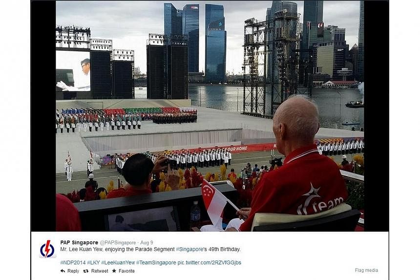 This photo, taken from the&nbsp;People's Action Party's twitter feed is captioned: "Mr. Lee Kuan Yew, enjoying the Parade Segment #Singapore's 49th Birthday."SOURCE: PAP&nbsp;