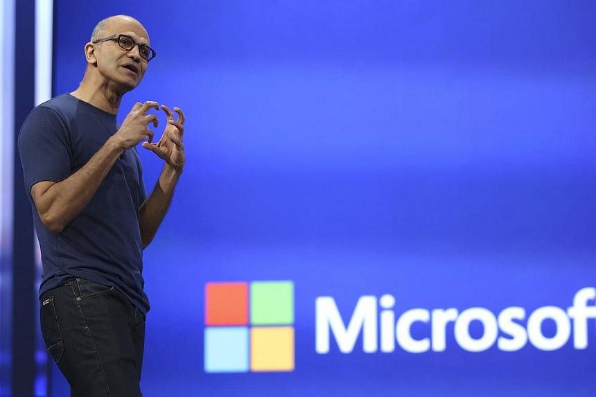 Microsoft chief executive Satya Nadella speaking at the company's "build" conference in San Francisco in a file photo taken April 2, 2014. Despite the popularity of the company's Windows operating system and Office suite, few people in emerging marke