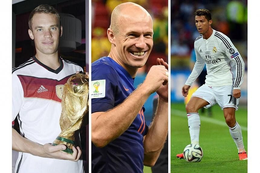 (From left) German World Cup-winning goalkeeper Manuel Neuer, Netherlands winger Arjen Robben and Real Madrid and Portugal star Cristiano Ronaldo are the three contenders to win UEFA's Best Player in Europe Award for 2013/14. -- PHOTOS: REUTERS/AFP