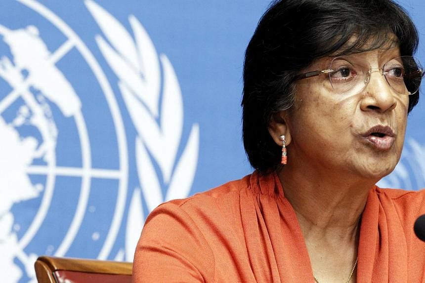 UN High Commissioner for Human Rights Navi Pillay speaks during a news conference for a report on "the right to privacy in the digital age" at the United Nations in Geneva on July 16, 2014.&nbsp;Sri Lanka accused the United Nations' human rights chie