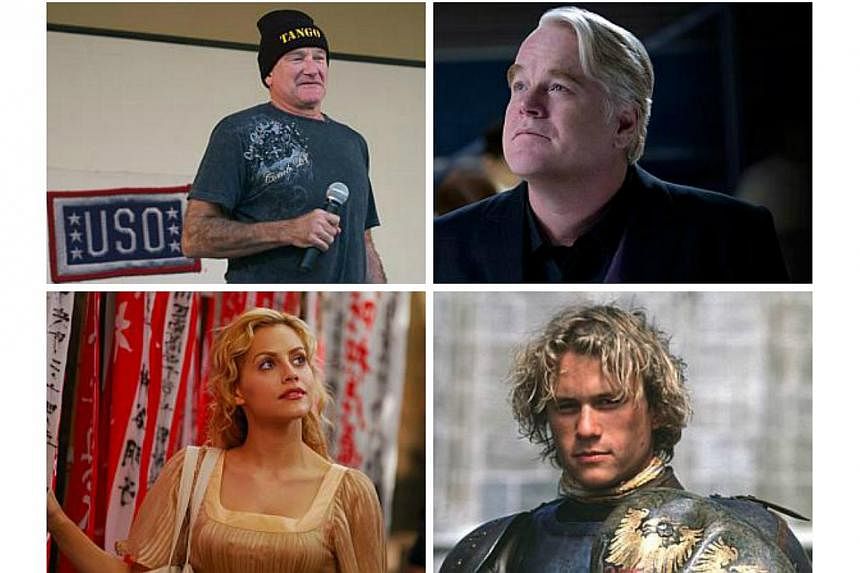Besides Robin Williams (top left), who was found dead this week in an apparent suicide, the list of stars who took own lives or who succumbed to addiction is long and includes Philip Seymour Hoffman (top right), Heath Ledger (bottom right) and Britta