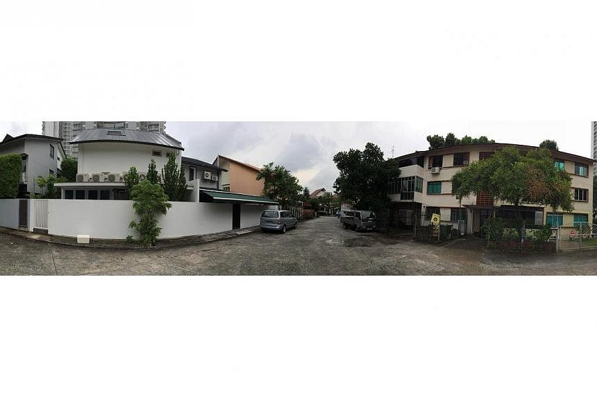 Panoramic shot of the walk up apartment with a provision shop along Tanjong Katong Road (right) and the cluster of six semi-detached houses (left) along Amber Road that will make way for Amber Station on the upcoming East Coast Line as seen on Aug 15