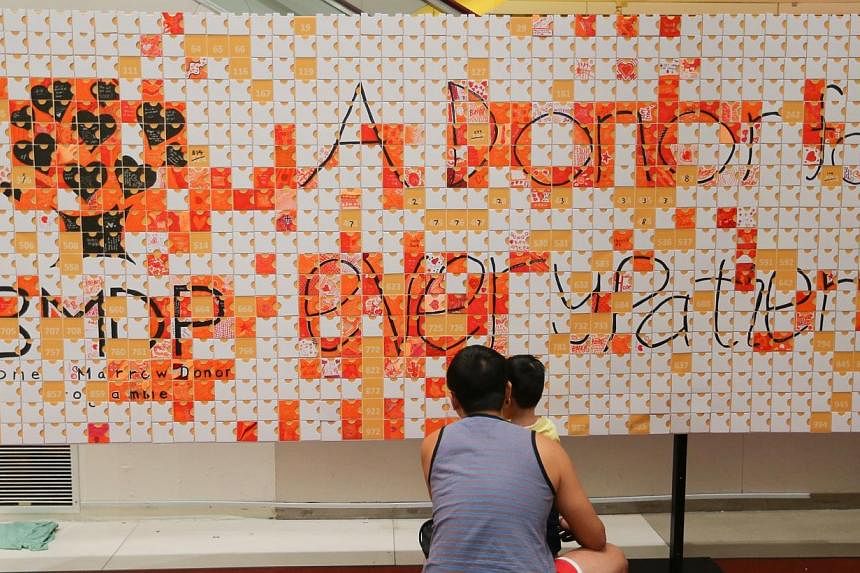 A man and his son placing a piece of a puzzle on the board that will hold a thousand mosaic puzzle pieces, a project by students from Raffles Institution working for Singapore's Bone Marrow Donor Programme at IMM on 17 Aug 2014. -- ST PHOTO:&nbsp;ONG