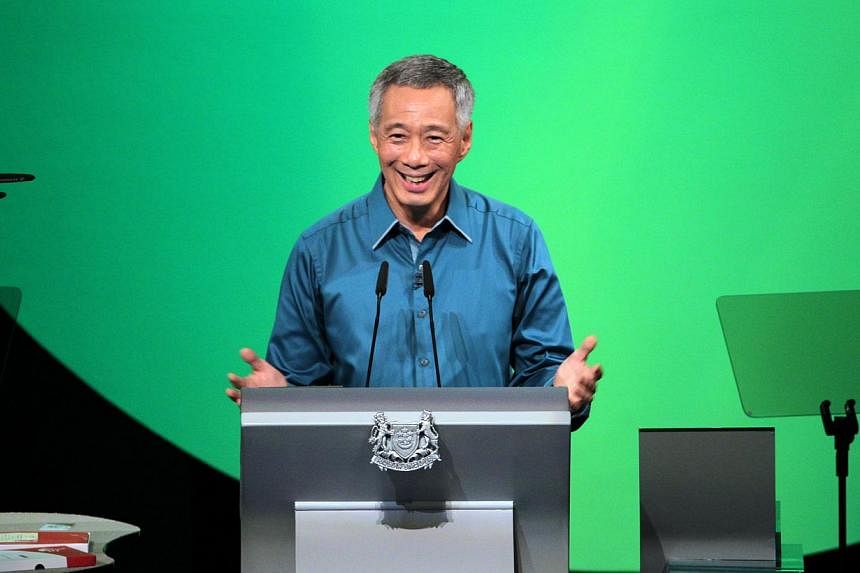 Prime Minister Lee Hsien Loong during his annual National Day Rally at the Institute of Technical Education's College Central campus on Aug 17. -- ST PHOTO:&nbsp;NEO XIAOBIN