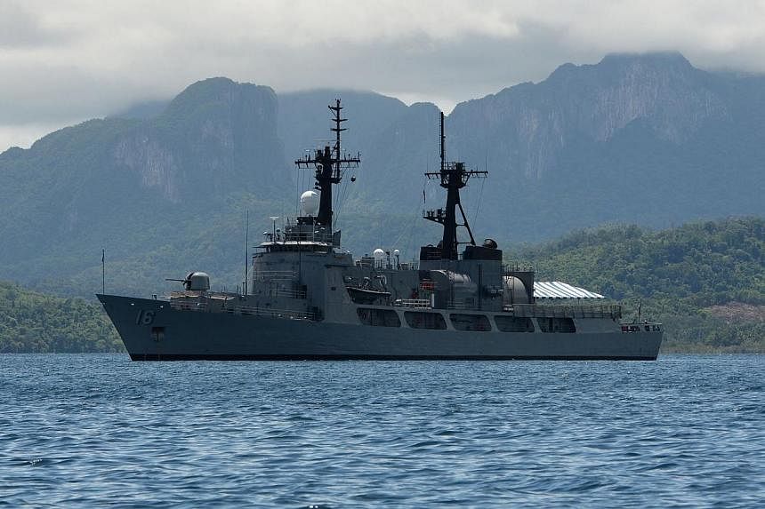 This photo taken on June 7, 2014 shows the Philippine Navy frigate BRP Ramon Alacraz anchored at the mouth of the South China Sea in Ulugan Bay off Puerto Princesa on Palawan island.&nbsp;Philippine President Benigno Aquino said two Chinese survey ve