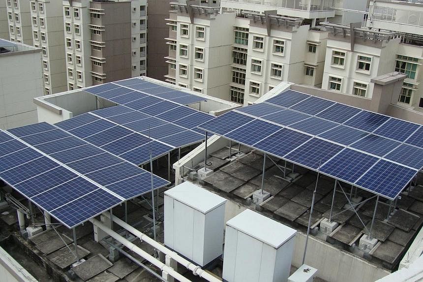 Solar panels on the top of HDB buildings at Punggol. -- PHOTO: SERIS&nbsp;