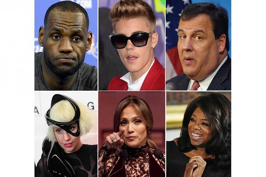This combination of file images shows clockwise from upper right: NBA player Lebron James, Singer Justin Bieber, New Jersey Governor Chris Christie, media proprietor Oprah Winfrey, singer Jennifer Lopez and singer Lady Gaga. -- PHOTO: AFP
