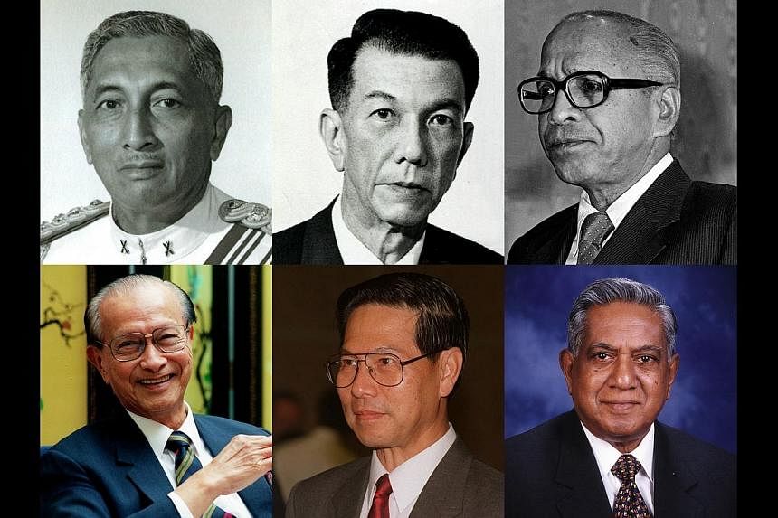 Former Singapore presidents (top row, from left) Yusof Ishak, Benjamin Sheares, Devan Nair, (bottom row, from left) Wee Kim Wee, Ong Teng Cheong and S R Nathan. -- PHOTOS: ST FILE, ESPLANADE,&nbsp;ZAWIYAH SALLEH