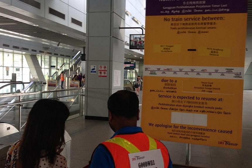 Train service between Punggol and Sengkang stations on the North-East Line was still suspended at about 2pm on Thursday but is expected to resume later in the afternoon. -- ST PHOTO: JOYCE FANG