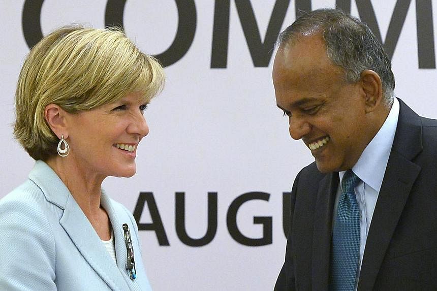 Australian Foreign Minister Julie Bishop and Foreign Minister K. Shanmugam at the Eighth Meeting of the Singapore-Australia Joint Ministerial Committee.
