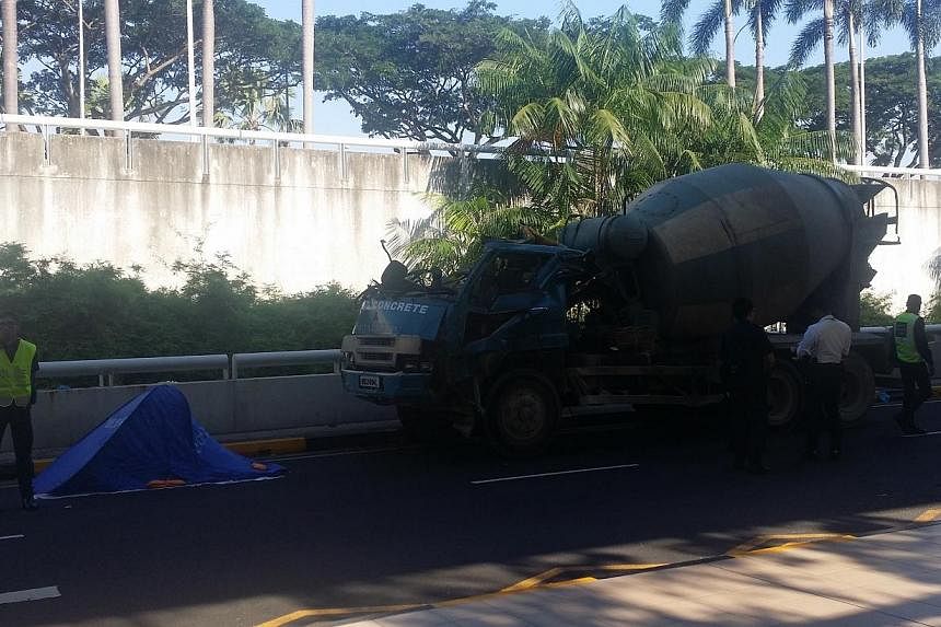 A cement mixer driver died after he was involved in an accident at Changi Airport's Terminal 3. -- ST PHOTO: JALELAH ABU BAKER