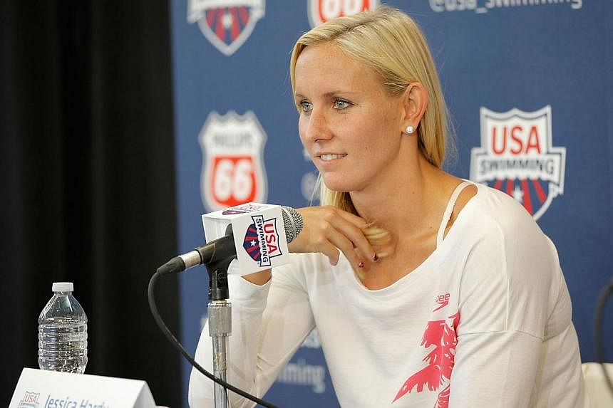 US swim star Jessica Hardy speaks during the 2014 Phillips 66 USA National Championships Press Conference at the William Woollett Jr. Aquatics Complex on Aug 5, 2014, in Irvine, California.&nbsp;-- PHOTO: AFP