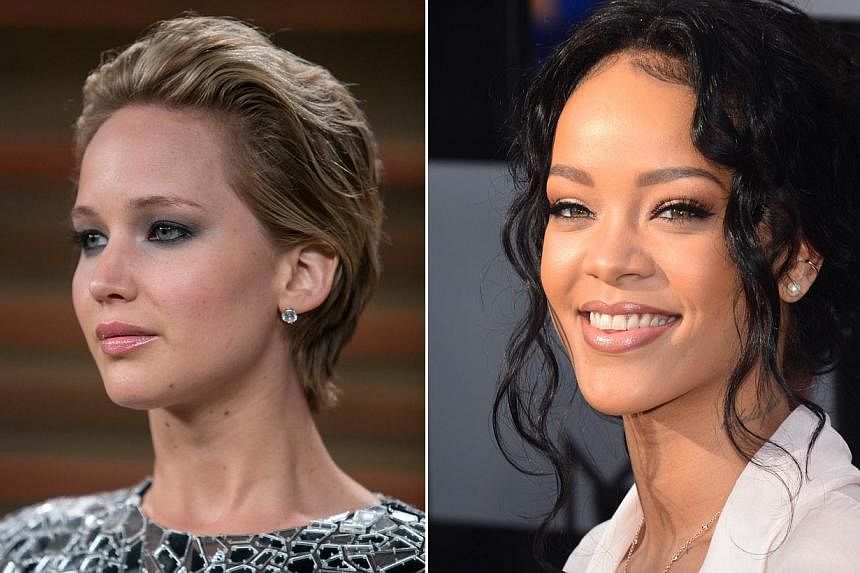 Oscar-winner Jennifer Lawrence (left) seen at the 2014 Vanity Fair Oscar Party on March 2, 2014 in West Hollywood, California and pop star Rihanna seen at the2014 MTV Movie Awards at the Nokia Theater in Los Angeles on April 13, 2014. They were among