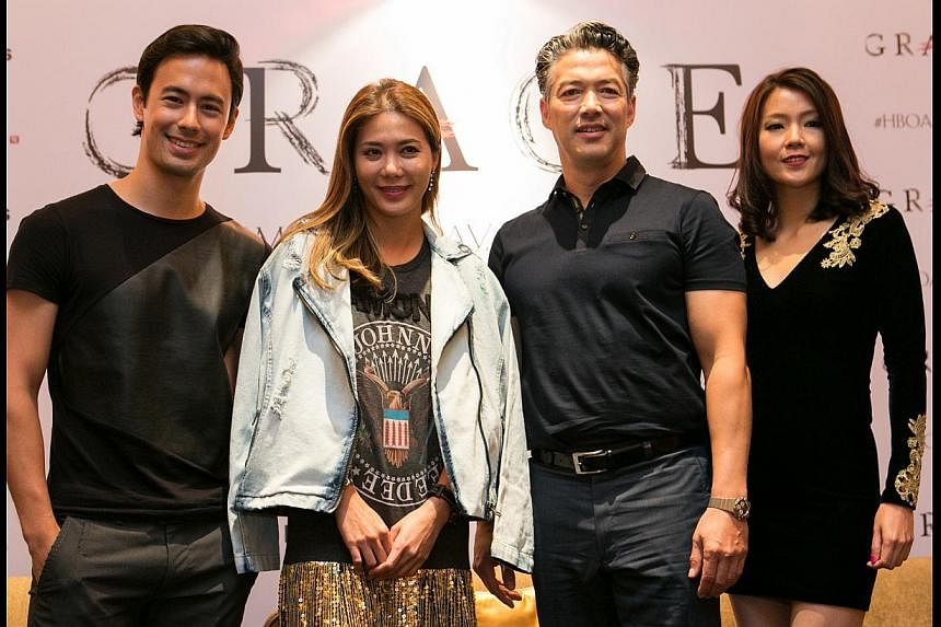 Actor Russell Wong (above, third from left) plays the lead role of Roy Chan (right) in horror series Grace, which also stars (above, from left) George Young, Constance Song and Pamelyn Chee.