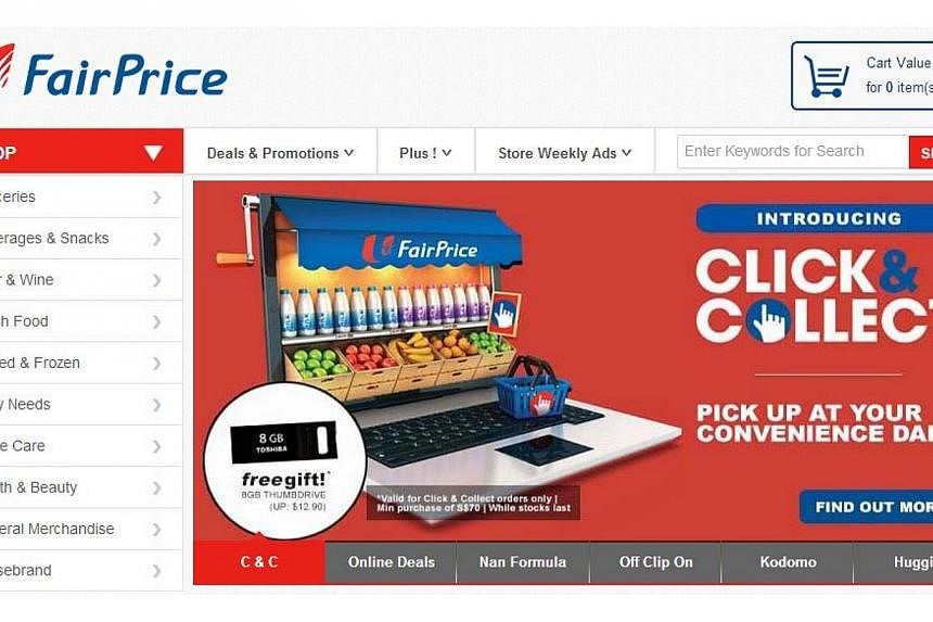 A screengrab of the NTUC FairPrice website, showing the&nbsp;Click &amp; Collect service. -- PHOTO: NTUC FAIRPRICE