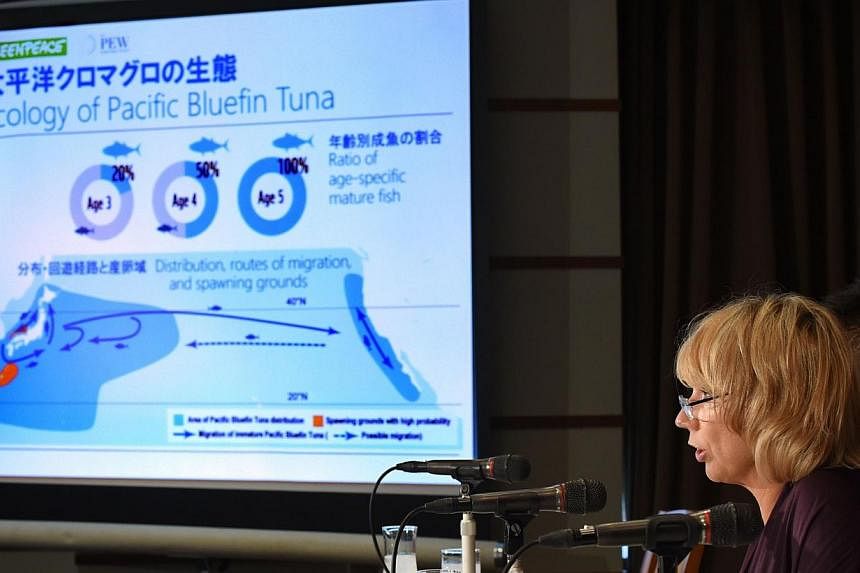 The Pew Charitable Trusts, an independent non-profit, non-governmental organization, director Amanda Nickson (centre) speaks during a presentation titled "Current Situation of Pacific Bluefin Tuna (PBF) and Stock Management" at the Foreign Correspond