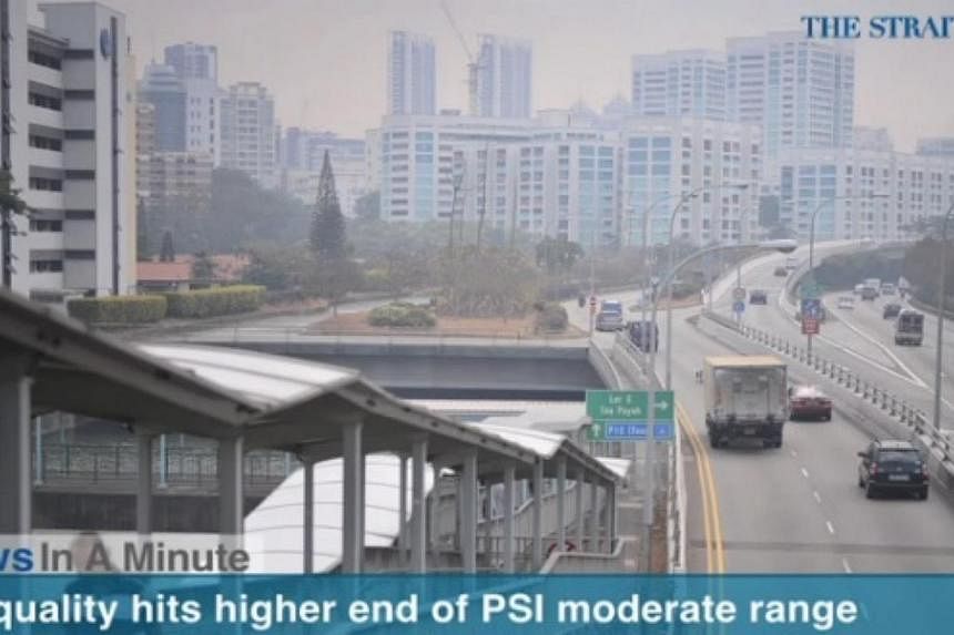 In today's The Straits Times News In A Minute video, we look at the slight hazy conditions seen around Singapore as air quality hit the higher end of the moderate range, peaking at 84 on Thursday, among other issues. -- PHOTO: SCREENGRAB FROM VIDEO