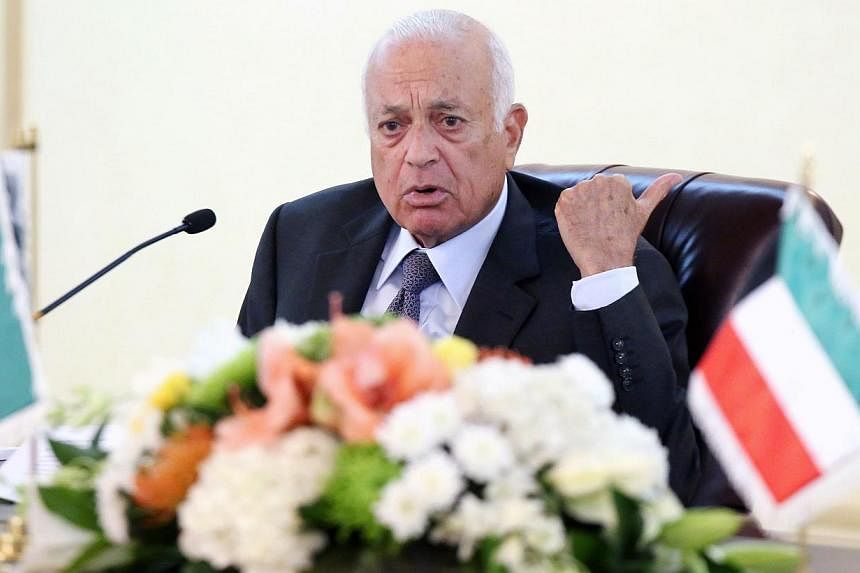 Arab League general secretary Nabil al-Arabi speaks during a joint press conference with Kuwaiti Foreign Minister Sheikh Sabah al-Khaled al-Sabah (unseen) in the Kuwaiti capital on Aug 14, 2014.&nbsp;-- PHOTO: AFP
