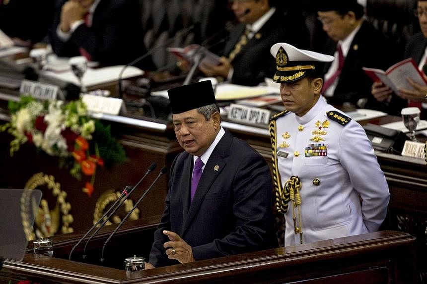 Indonesian President Susilo Bambang Yudhoyono addresses members of the parliament, ahead of the country's Independence Day in Jakarta on Aug 15, 2014. -- PHOTO: REUTERS