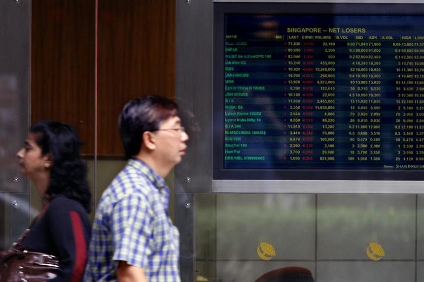 Local shares ended the session slightly higher on Tuesday, rising 7.77 points or 0.23 per cent to 3,342.96. -- PHOTO: BUSINESS TIMES FILE&nbsp;