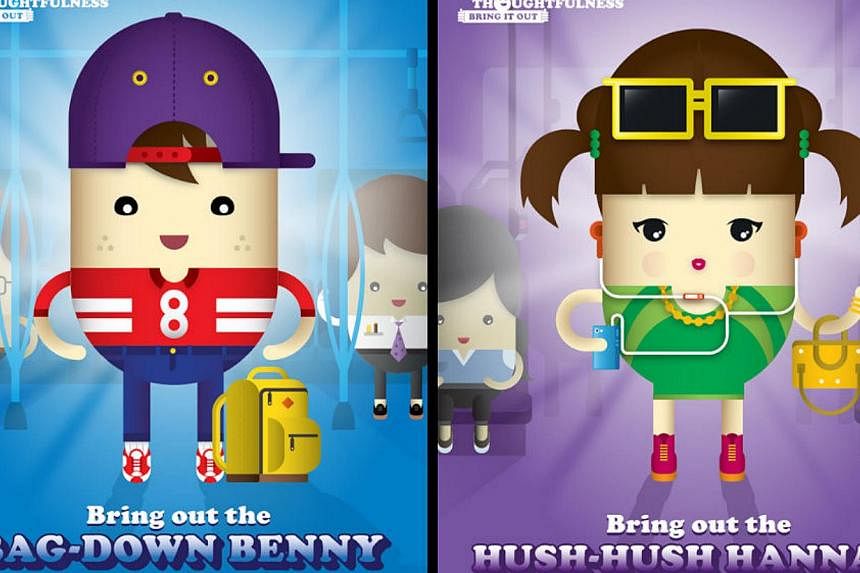 Two new cartoon commuters -- Bag-Down Benny and Hush-Hush Hannah-- have hopped on the thoughtful bandwagon to encourage passengers to make public transport more pleasant. -- PHOTO: LTA FACEBOOK