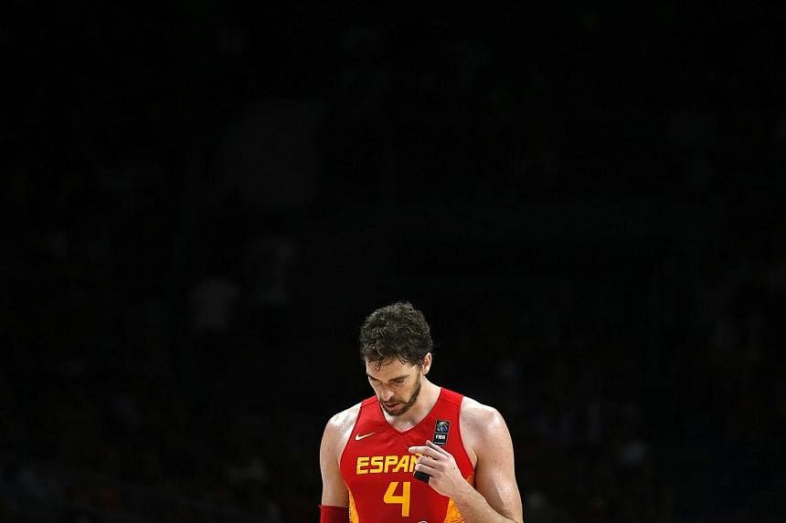 Spain's Pau Gasol reacts during their Basketball World Cup quarter-final game against France in Madrid on Sept 10, 2014. -- PHOTO: REUTERS