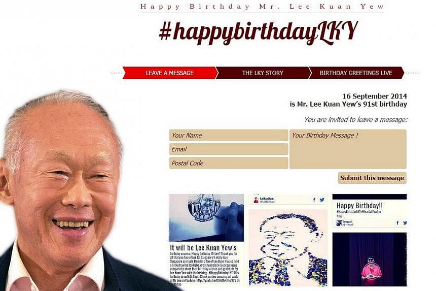 With former prime minister Lee Kuan Yew's 91st birthday soon approaching, the People's Action Party (PAP) headquarters has set up a website (pictured) to gather digital good wishes for Mr Lee. -- PHOTO: SCREENGRAB FROM&nbsp;HAPPYBIRTHDAYLKY.ORG