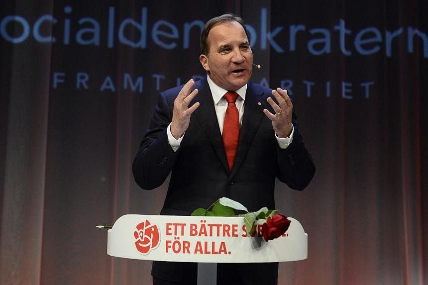 Opposition leader Stefan Lofven speaks at the election night party of the Social Democrats in Stockholm, on Sept 14, 2014. -- PHOTO: REUTERS