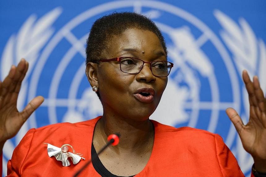 United Nations Under-Secretary-General for Humanitarian Affairs and Emergency Relief Coordinator, Valerie Amos gestures during a press conference on global aid pledged to fight the Ebola outbreak in west Africa on Sept 16, 2014 at UN offices in Genev