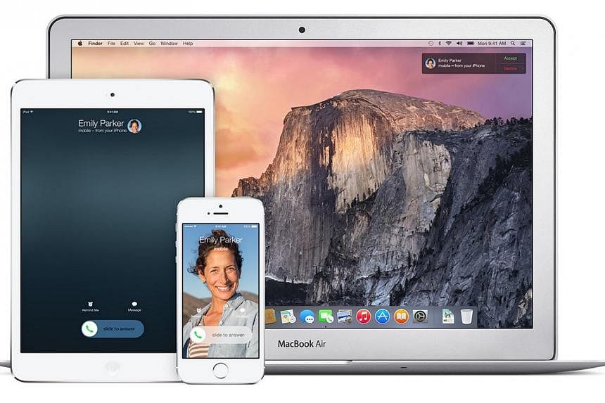 Apple Inc's devices displaying the iOS 8 and OS X Yosemite operating systems. New-generation Apple software for powering its coveted mobile devices is set for release on Wednesday, two days ahead of the arrival of its latest iPhones. -- PHOTO: APPLE 