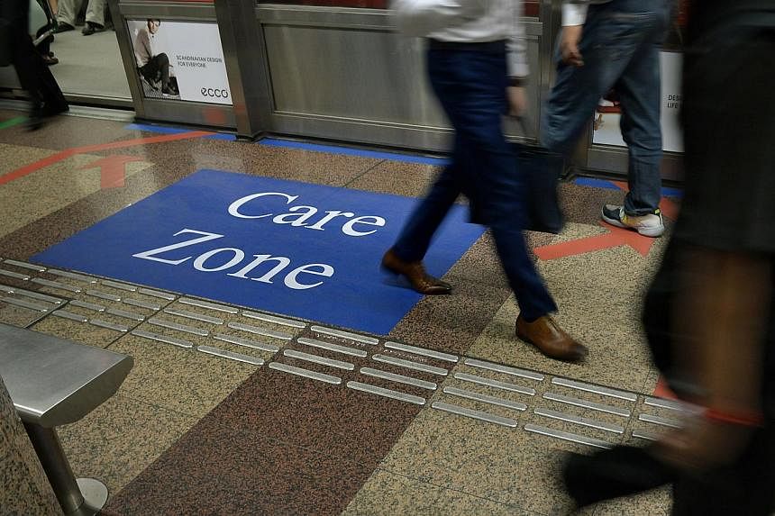 "Care Zones", like this one at the Tanjong Pagar MRT station, are monitored by SMRT's station staff via CCTV. Commuters who feel unwell or have special needs can wait there for the train.
