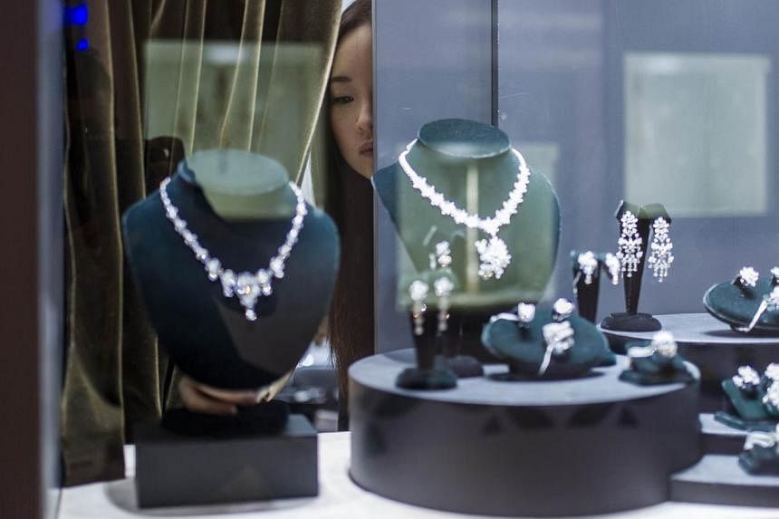 Items on display at the Hong Kong Jewellery and Gem Fair yesterday. A survey in China found that nearly half of respondents chose jewels as their most coveted object. -- PHOTO: AGENCE FRANCE-PRESSE