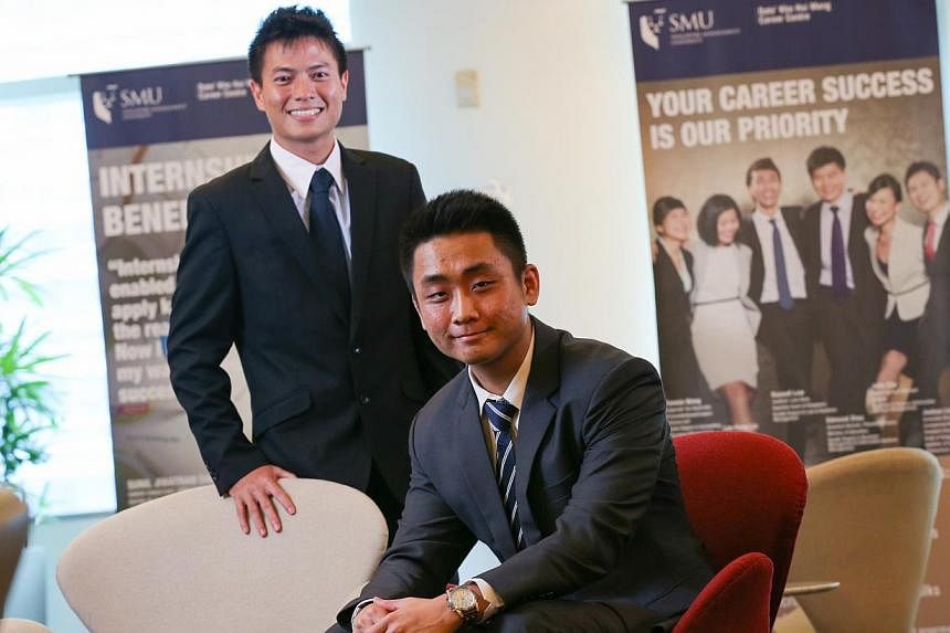 Singapore Management University student Brandon Ong (right) has gone on four internships in various industries, which helped him decide on a career in banking. Mr Kwok Wei Jie had a job attachment at the Economic Development Board and is now working 
