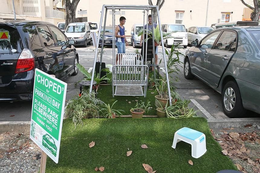 Singapore holds its largest ever Park(ing) Day, in which people can book a lot with the URA and convert it into their own community space for a day. An installation by SUTD students titled "My Home Garden" occupies a parking lot along Hamilton Road. 