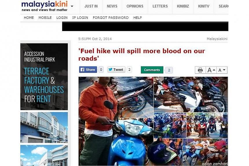 Malaysiakini, a popular news portal often critical of the government, has been denied a print permit by the authorities despite a landmark court ruling in the site's favour, its editor said on Thursday, Oct 2, 2014. -- PHOTO:&nbsp;SCREENSHOT OF MALAY