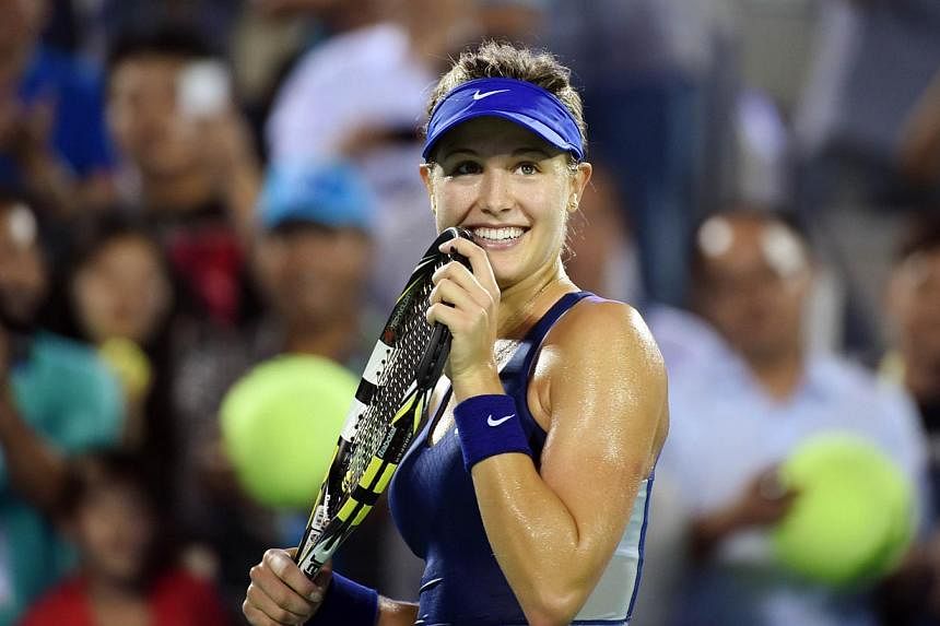 Canada's Eugenie Bouchard after winning her semi-final match against Caroline Wozniacki of Denmark at the Wuhan Open tennis tournament in Wuhan, in China's Hubei province on Sept 26, 2014. -- PHOTO: AFP