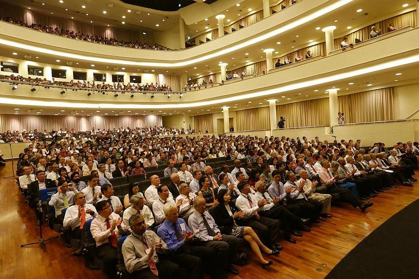 The crowd at the University Cultural Centre listening to PM Lee giving his speech.&nbsp;--&nbsp;ST PHOTO: CHEW SENG KIM